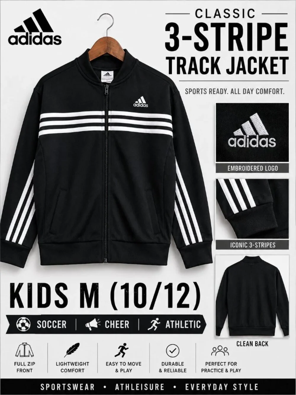 adidas Kids 3 Stripe Track Jacket M 10/12 Black Soccer Cheer Athletic Zip